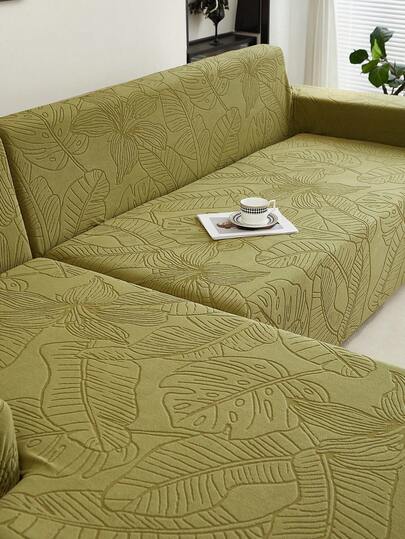 1pc Green Leaf Texture Sofa Cover, Minimalist Nordic Modern Elastic Thickened Non-Slip Sofa Slipcover, Suitable For 1/2/3/4 Seater L-Shaped Sofa, Living Room Bedroom Hotel Room All Season Decor