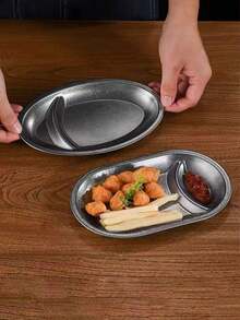 1pc Retro Stainless Steel Snack Plate, Divided Dish For Fried Chicken, Fries, Bar, KTV, Distressed Dipping Sauce Tray - View 5