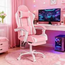 Gaming Chair With Headrest And Lumbar Support, Ergonomic High Back Office Chair, Racing Style Executive Computer Desk Chair, Leather Adjustable Swivel Task Chair For Home Office (White) - Pink White - View 2