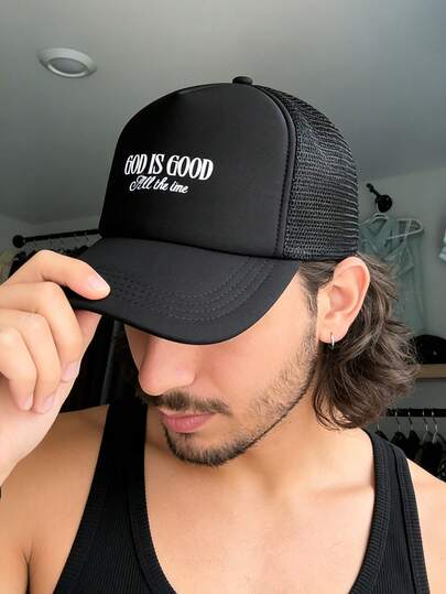 Stylish Hippie Curved Brim Baseball Cap, "Good Is Good"Letter & Milan Print Breathable Mesh Trucker Hat, Casual Outdoor Sports Adjustable Sun Hat, Unisex For Everyday Commute