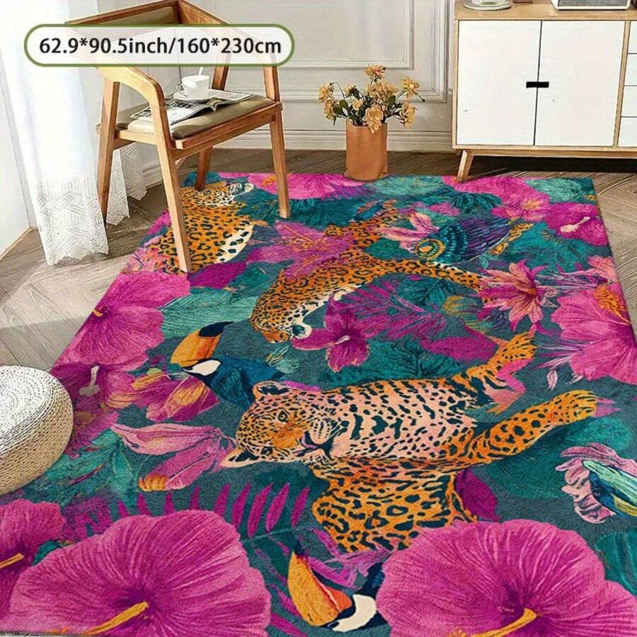 1pc Leopard Print Rug, Red Lips Rug, Pop Art Rug, Bold Statement Area Rug, Funky Living Room Decor, Animal Print Rug,84*60inch,Perfect Choice For Christmas ,Stylish And High-Quality Rugs, Perfect For Christmas Decorations And Gifts Home Decor - Multicolor - View 1