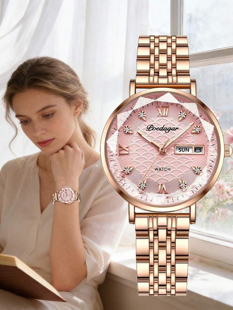1 chiếc đồng hồ nữ thanh lịch bằng thép không gỉ, chống nước, có dạ quang, đính đá thạch anh, mặt số họa tiết vảy cá, đồng hồ đeo tay cao cấp dành cho nữ, thích hợp đeo hàng ngày, quà tặng Ngày của Mẹ. - Hoa hồng vàng - Xem 1