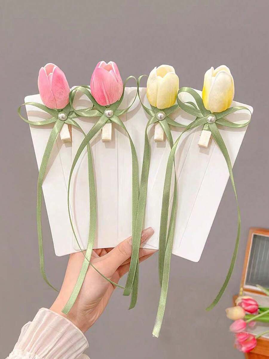 2个装女士粉色可爱郁金香花朵发夹，鸭嘴夹，适合舞蹈、派对、度假和日常使用 - 粉色 - 查看 1