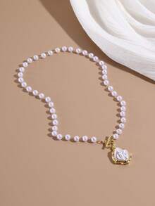 1pc Faux Pearl Beaded Choker Necklace With Baroque Pearl Pendant, Elegant Gold Tone Toggle Clasp Jewelry For Women - Multicolor - View 2