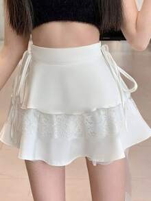 1pc Bow Tie High Waist Lace Cake Skirt, Puff Skirt Design Spring White - White - View 3