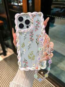 花卉彩绘编织波浪边可拆卸手链简约防震加厚手机保护壳，印花设计，兼容 17/17 Pro/17 Pro Max、16 XR/7/8、15 Pro Max、12 Pro Max、13 Pro Max、14 Pro Max、13、14、11、12、P14、P11、P12、XS、XR、7/8、P、7/8 GES2 手机壳 - 彩色 - 查看 1