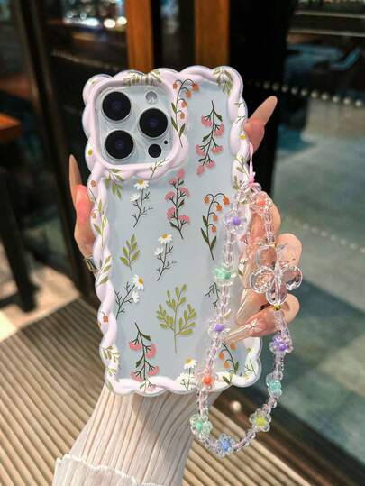 花卉彩绘编织波浪边可拆卸手链简约防震加厚手机保护壳，印花设计，兼容 17/17 Pro/17 Pro Max、16 XR/7/8、15 Pro Max、12 Pro Max、13 Pro Max、14 Pro Max、13、14、11、12、P14、P11、P12、XS、XR、7/8、P、7/8 GES2 手机壳