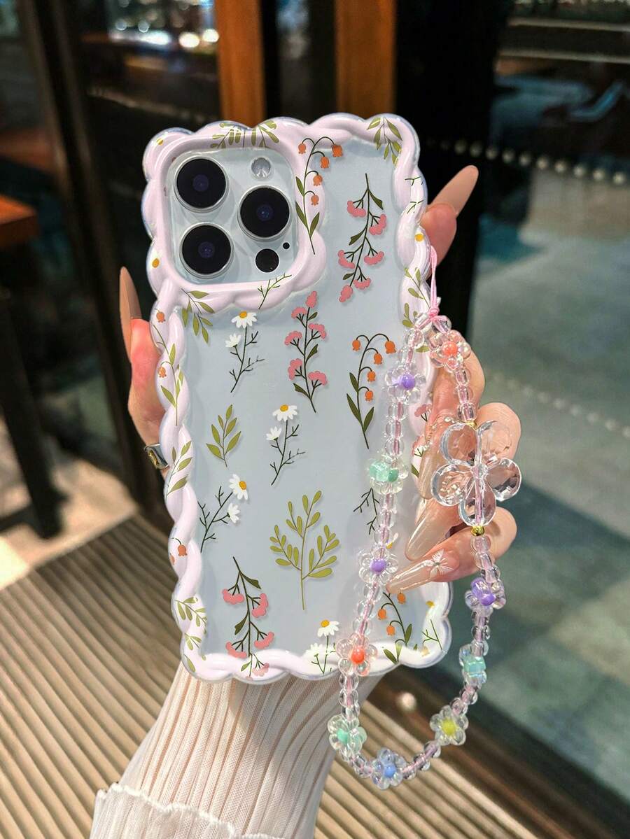 花卉彩绘编织波浪边可拆卸手链简约防震加厚手机保护壳，印花设计，兼容 17/17 Pro/17 Pro Max、16 XR/7/8、15 Pro Max、12 Pro Max、13 Pro Max、14 Pro Max、13、14、11、12、P14、P11、P12、XS、XR、7/8、P、7/8 GES2 手机壳 - 彩色 - 查看 1