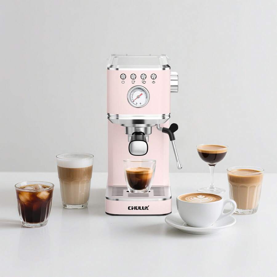 CHULUX 20 Bar Compact Espresso Maker With Powerful Milk Frother, Professional Home Coffee Machine For Cappuccino & Latte, Pink - Pink - View 1