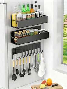 1/2pcs Magnetic Side Storage Rack, Suitable For Refrigerator And Washing Machine - No Drilling Installation, Fashionable Black Metal Surface, Wall-Mounted Spice Rack, Great For Storing Laundry Supplies - Multicolor - View 3