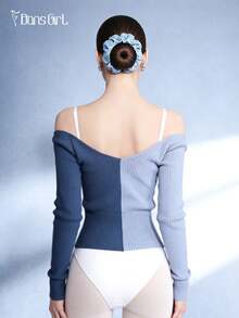 DonsGirl 1 Buah Atasan Rajut Lengan Panjang Balletcore Wanita dengan Blok Warna, Sweater Dua Warna Tanpa Bahu, Pullover Pemanasan untuk Latihan Tari & Pakaian Kasual Sehari-hari - Dusty Blue - View 10