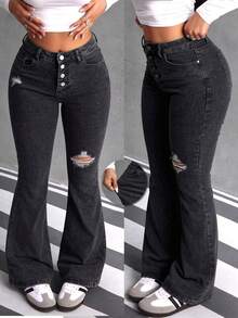 Jeans Acampanados de Alta Elasticidad de Cintura Media con Rotos de Color Negro para Mujer, Pantalones que Levantan las Nalgas - Gris - Ver 1