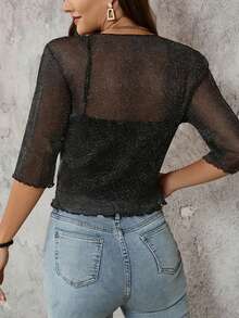 女士薄纱亮片针织系带开襟披肩，七分袖开襟网纱罩衫，轻盈闪亮短款外套，夏季斗篷式夹克 - 黑色 - 查看 3