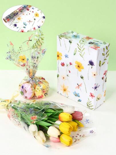 1卷野花蝴蝶主题婴儿派对礼品包装玻璃卷纸，精美野花蝴蝶混合图案礼品包装纸装饰，适用于性别揭晓派对、一周岁生日派对、婴儿派对野花蝴蝶图案礼品包装纸装饰、一周岁生日礼品包装用品、婴儿派对装饰、性别揭晓派对餐桌礼品包装装饰、春季装饰、生日装饰