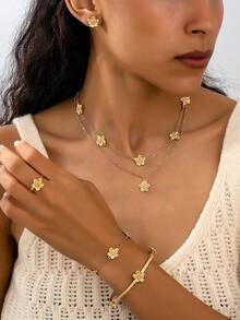 7pcs/Set Elegant Minimalist Gold Flower Necklace, Bracelet, Earrings, Ring, Bangle Jewelry Set, Versatile Daily Wear, Delicate Gift For Elders - Golden Yellow Suit - View 3