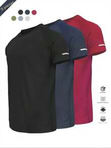 Camiseta Deportiva para Hombre con Diseño Reflectante, Transpirable Secado Rápido, Manga Corta para Gimnasio [2026 Nuevo] - Negro-negro-azul - Ver 11
