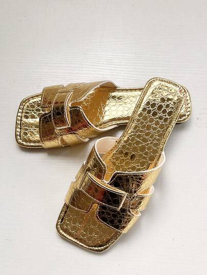 Women's Flat Slide Sandals, Fashionable Square Toe Gold Floral Design, Suitable For Dresses, Summer