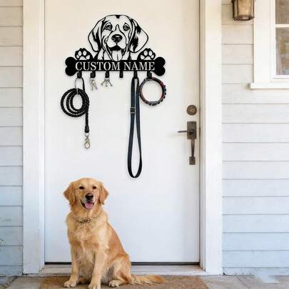 Customized Dog Breed Metal Wall Hook - Golden Retriever, French Bulldog, Labrador, German Shepherd, Yorkshire Terrier Paw Print Design, Personalized Wall-Mounted Key & Pet Collar Organizer, Farmhouse Style Entryway Decor, Durable Metal Key Chain Holder And Umbrella Rack, Bohemian Style Hollow Metal Craftsmanship, Gift For Pet Lovers