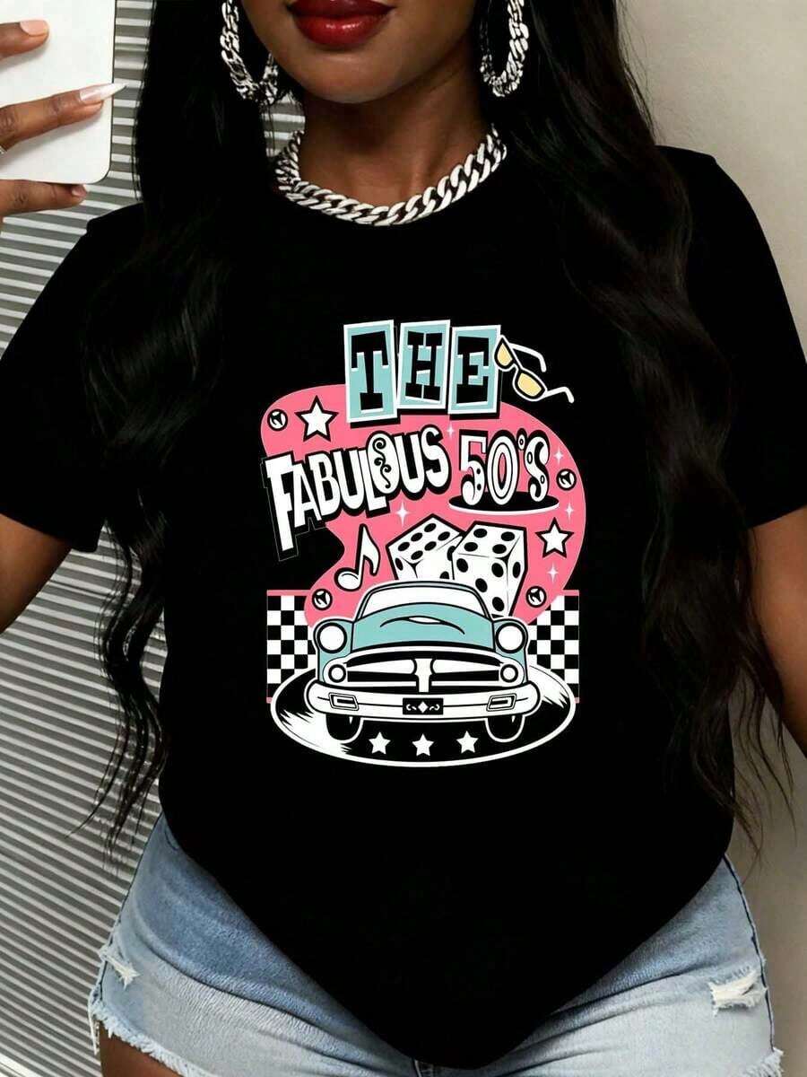 Fabulous 50s Retro Car Music Dice Party Vintage Style Summer Outfit 1950s Theme Costume Fashion Graphic Fashionable Women Clothing - 黑色 - 查看 1