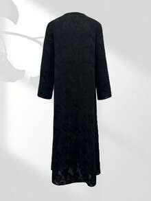Chiffon Jacquard Muslim Abaya, Muslim Open Front Robe With Headscarf - Classic Black - View 3