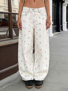 Women's 2026 Polka Dot Barrel Jeans Curved Sword Pants Boyfriend Y2K Casual Wide Leg Mid Rise Denim Pants - 粉色 - 查看 4