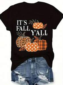 Women's Halloween Pumpkin Pattern T-Shirt- Autumn Theme Print, Leopard Print, Orange Plaid, And Green Pumpkin Design- Lightweight Breathable Crew Neck Top- Thanksgiving Party Outfit- Casual Autumn Fashion Shirt- Machine Washable Holiday - 黑色 - 查看 6