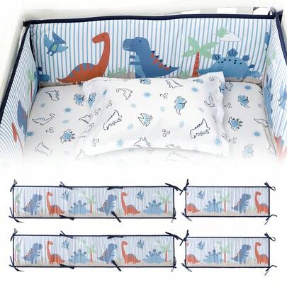 Bộ 4 tấm chắn cũi hình khủng long thế giới | Lưới thoáng khí & đệm cotton mềm mại | Phù hợp với cũi và giường trẻ em | Trang trí phòng trẻ dễ thương cho bé trai và bé gái