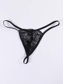 Men's Floral Lace Thong Underwear, Sexy Sheer Briefs With Bow Tie Neck Accessory - Black - View 2