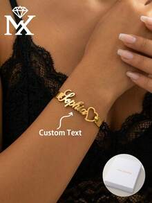 Custom Bracelet Custom 201 201 201 201 Stainless Steel Bracelet With Personalized Labels, Letters, Women'S Heart Bracelet, Wedding Gift Valentine'S Day - Yellow Gold - View 1