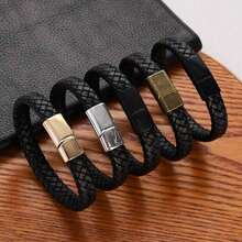 1pc Pure Black Matte Finish Black Buckle Men's Pu Leather Bracelet, Titanium Steel Punk Braided Wristband - Màu đen súng - Xem 7
