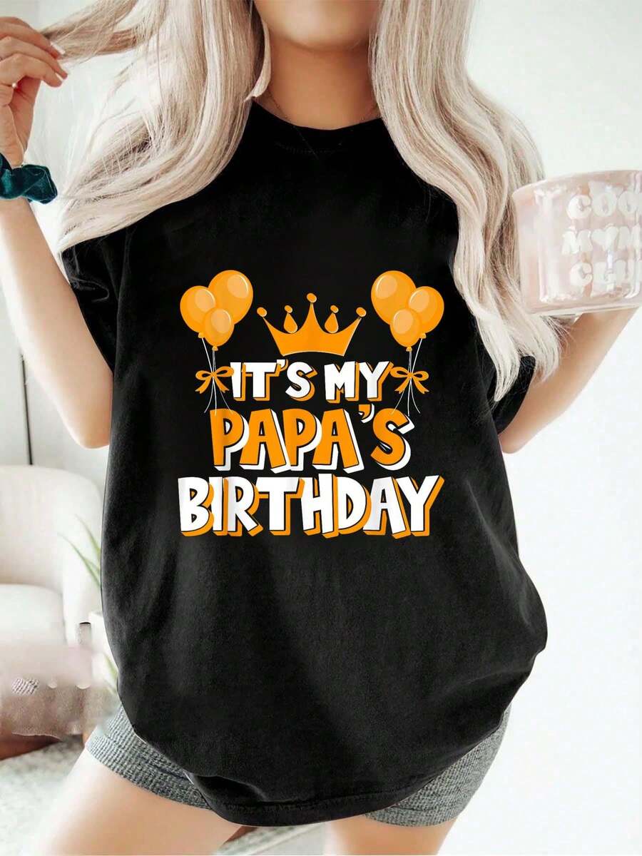 Camiseta a juego para el Día del Padre, celebración del cumpleaños de mi papá, para la familia, moda, holgada, informal, deportiva, de verano, cuello redondo, manga corta, tops para mujer - Negro - Ver 1