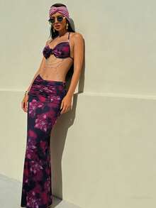 Đầm hai dây gợi cảm dành cho nữ, có dây đeo vai, thiết kế hở lưng, thích hợp cho bikini đi biển và dự tiệc, phong cách Hawaii mùa hè thanh lịch - Màu tím - Xem 3