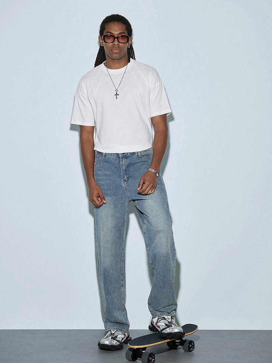 Modcrash 男士休闲牛仔裤，蓝色，时尚日常穿着，适合春夏穿着 - 中等水洗藍 - 查看 1