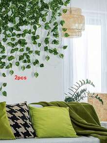 1/2/3 piezas Hojas verdes artificiales para decoración, decoración de escenario interior/exterior, enredadera colgante de estilo rústico - Verde - Ver 14