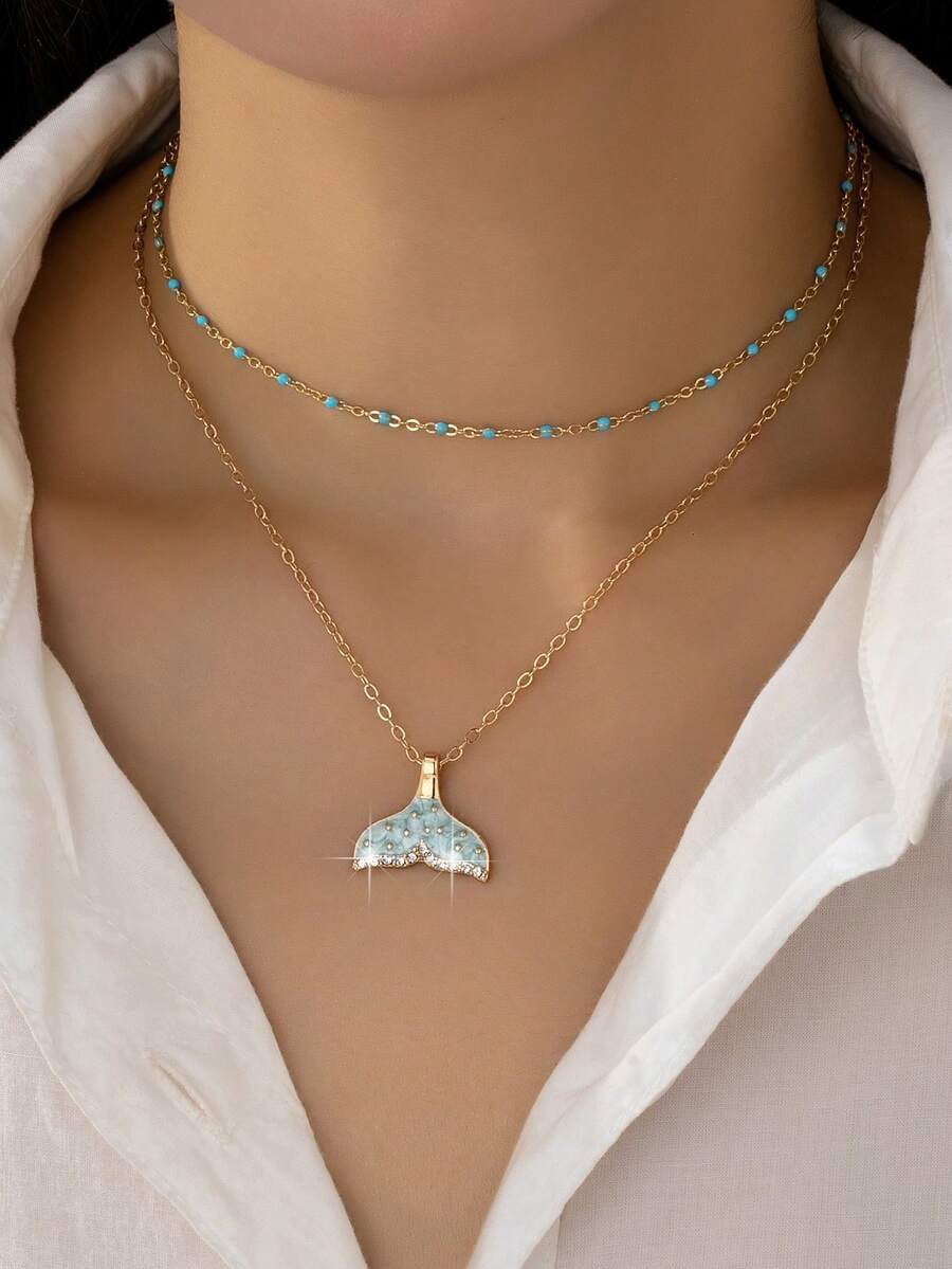 两件套金色美人鱼尾巴叠戴项链，优雅绿松石串珠颈链，简约鲸鱼尾巴吊坠，波西米亚海洋风首饰，适合夏季度假和日常佩戴 - 彩色 - 查看 1