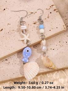 1 Pair Fashionable & Cute Asymmetric Beaded Earrings With Ocean Elements Like Fish, Seashell, Starfish, Suitable For Daily Wear, Holidays, Beach Vacation - Multicolor - View 5