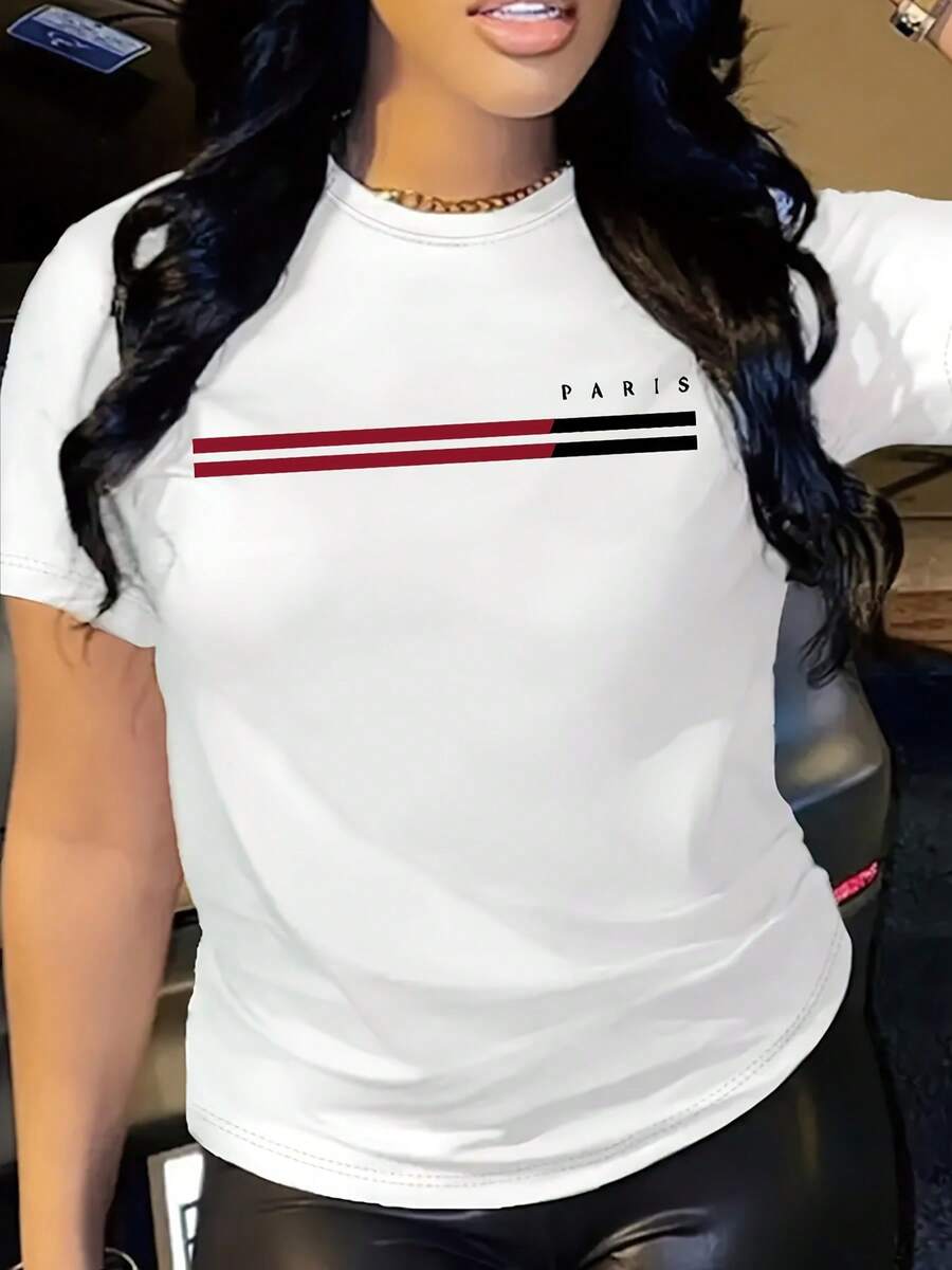 Hot Hour Women'S Y2K Graphic-Shirt - Paris Print, Black & White Stripes, Soft Polyester Blend, Washable, Casual Short Sleeve Top All Seasons, Everyday Tshirt | Y2K Fashion | Comfortable Fit, Woman'S Shirt, Pretty-Shirt Women, Woman'S Blouse, Woman'S, Woman'S-Shirt - trắng - Xem 1