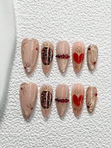 10件套凝胶美甲套装，包含亚克力美甲贴纸、手绘红色爱心、金色闪粉、红色水钻、银色猫眼装饰、美甲工具（1个果冻贴纸+1个指甲锉），三种尺寸可选：杏仁形、鸭嘴形、棺材形，适合日常佩戴、派对、拍照、春夏穿着，是送给女性和女孩的绝佳礼物。 - 彩色 - 查看 18