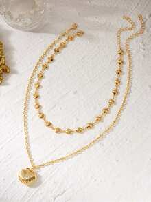 2pcs/Set Ocean Series Double-Layer Shell Pendant Necklace, Suitable For Vacation Wear And Holiday Gifts - Gold - View 5