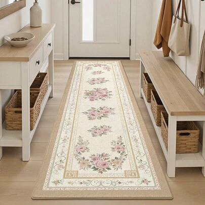 1 件装欧式花卉图案长款厨房地垫/走廊地毯，适用于浴室、厨房、户外、室内、走廊、卧室、客厅，可机洗，易于清洁的入口门垫