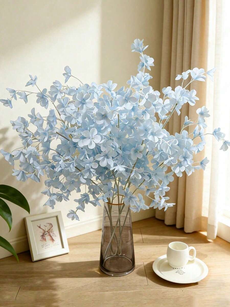 3/1pc Pale Blue Artificial Apple Blossom Branch - Artificial Cherry Blossom Decor, Realistic Floral Decoration, Suitable For Wedding, Engagement, Valentine's Day, Plastic Fake Flowers, Can Be Used For Home And Hotel Ceiling, Tabletop, Wedding Decor, Vase Filler - Multicolor - View 1