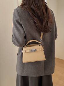 时尚女士锁扣手提包，新款高端小方包，适合单肩或斜挎，多功能女士手提钱包，荔枝纹理PU皮革材质，纯卡其色，女士手提包，荔枝纹理单肩包，金属旋扣，顶部提手手提包，时尚多功能女士包 - 卡其色 - 查看 4