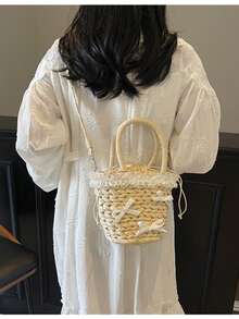 Bolso de paja con volantes y adornos de encaje, lazo dulce, bolso de mano para verano, picnic en la playa, salidas, bolso de hombro estilo francés - Caqui - Ver 3