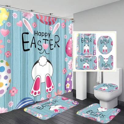 1pc/4pcs Easter Bunny Foot Egg Colorful Polyester Waterproof Insulation Home Decoration Bathroom Shower Curtain With 12 Hooks Bathroom Non-Slip Mat U-Shaped Floor Mat And Round Toilet Seat Mat Bathroom Set All-Scenario Use