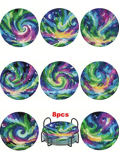 8pcs Sky Blue Diamond Painting Coaster Set, Round Bright Diamond Surface, Sturdy Adhesive With Full Tools, Easy For Beginners, Stress Relief Handcraft, New Year, Valentine's Day, Christmas, Teacher's Day Gift, Home Decor Coasters For Family, Friends, Girlfriend, Teacher