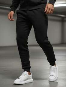 Men's Tracksuit, Including A Zip-Up Hoodie And Jogging Pants, Hooded With An Adjustable Drawstring, Pockets And Drawstrings At The Cuffs And Hems, Cotton Knit Athletic Streetwear Set. - Black - View 4