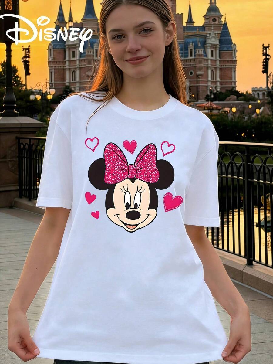 Disney Women's Casual Minnie Mouse Graphic Tee White Short Sleeve Round Neck Cotton T-Shirt Regular Fit Top - Blanc - Voir 1