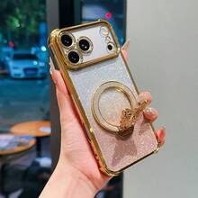 Étui de téléphone portable de luxe papillon pailleté avec anneau magnétique super puissant transparent et électroplaqué, compatible avec les téléphones Apple 17 16, Galaxy A04E A05S A06 A07 A12 A13 A14 A15 A16 A17 A21S A22 A23 A24 A32 A33 A34 A35 A53 A54 A73 S10 S20 S21 S22 S23 S24S25 Ultra Note 20 Note 7/8/9/10/11/12/13/14, 9/10/12/13C/14C A5, MOTO, Honor, HW, C53 C55, cadeau de printemps et d'anniversaire - Doré - Voir 3