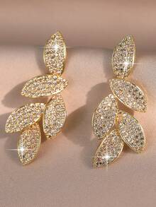 jealous young 一对奢华闪亮叶形立方氧化锆吊坠耳环，适合婚礼、订婚、周年纪念、派对、情人节礼物 - 金黃色 - 查看 8