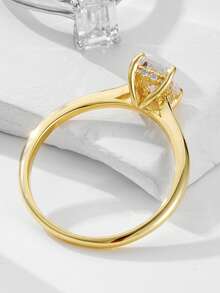1pc S925 Sterling Silver Geometric Rectangle Cubic Zirconia Wedding Ring, Niche Design Luxury Ins Bridal Jewelry - Gold - View 4